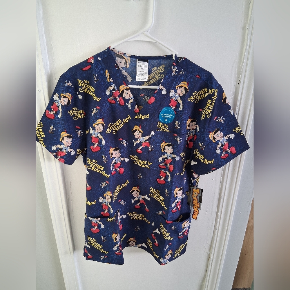 Mens Scrubs Disney Blue and Yellow Pinocchio Top
